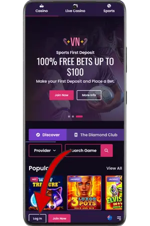 VegasNow Casino account login page