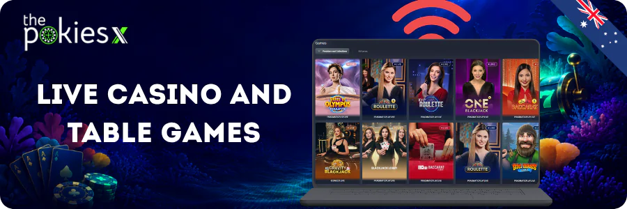 Live dealer blackjack, roulette and RNG table games at The Pokies casino