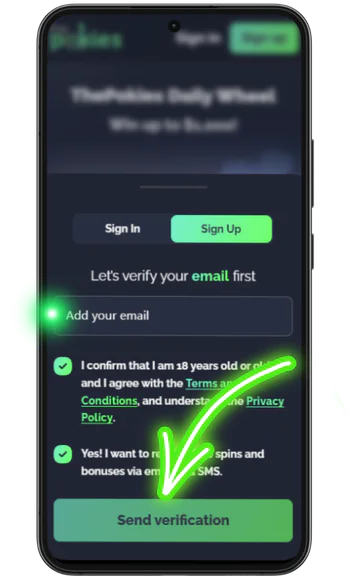 Sign-up form with email field, age confirmation and Send verification button