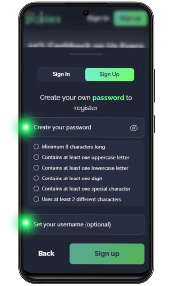 Password creation step with security rules and optional username field