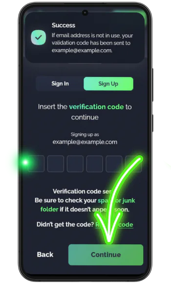 Six-digit email verification code screen with Continue button