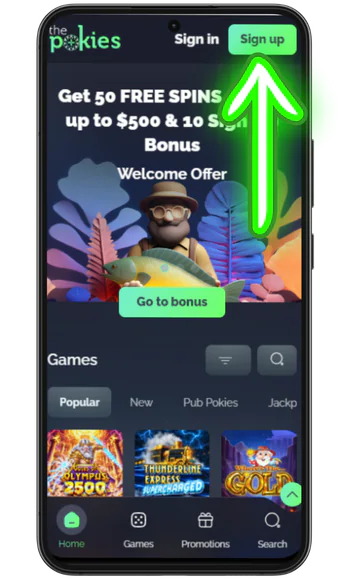 Sign up button in the top-right corner of the mobile home screen
