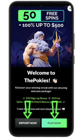 Welcome package pop-up with Deposit Now and Play Now buttons